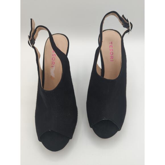 TESORI Beauty-Lea Slingback Peep Toe Heels Shoes Black Size 7M - Picture 1 of 10